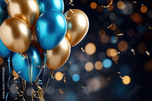 Holiday background with golden and blue metallic balloons,