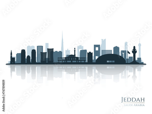 Jeddah skyline silhouette with reflection. Landscape Jeddah, Saudi Arabia. Vector illustration.