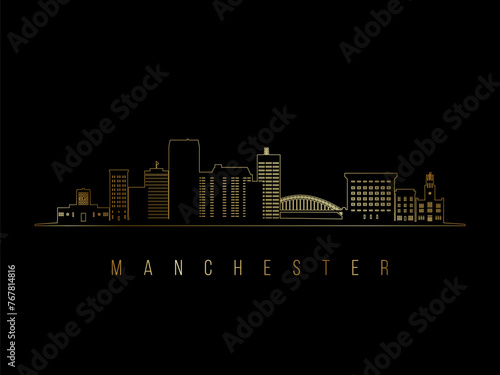 Golden Manchester skyline silhouette.  Manchester NH architecture. Golden cityscape with landmarks. Business travel concept.