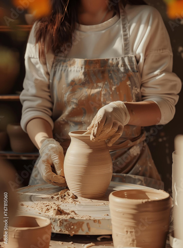 attractive woman wearing overalls and white gloves  sitting at the potter s wheel