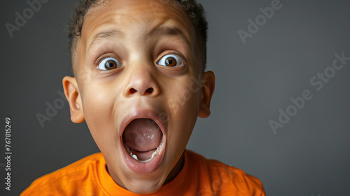 A biracial boy with Down syndrome showing excitement and surprise, with wide eyes and an open mouth. Learning Disability