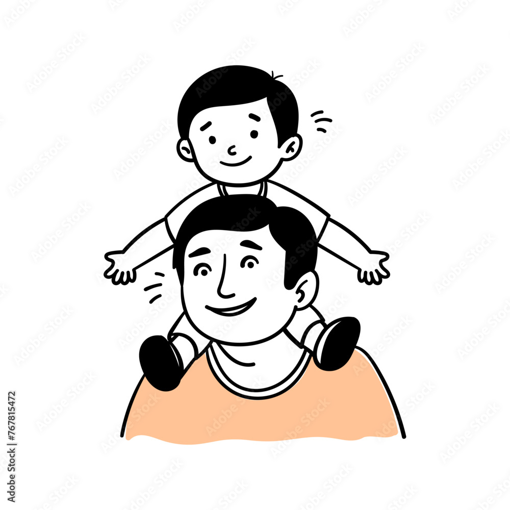 Father and son sitting on his shoulders. Simple doodle illustration. Template for greeting card, print, poster, sticker. Father and son sitting on his shoulders. Simple doodle illustration. Template for greeting card, print, poster, sticker.