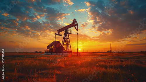 Crude oil pumpjack rig on nature silhouette in evening sunset, energy industrial machine for petroleum gas production background.	 photo