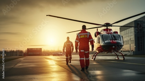 male paramedics go to modern Red medical helicopter, emergency aircraft