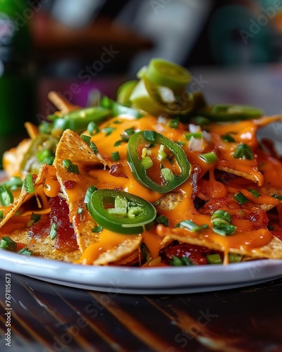 A plate of nachos with neon cheese and jalapeA os, glowing enticingly in a closeup shot photo