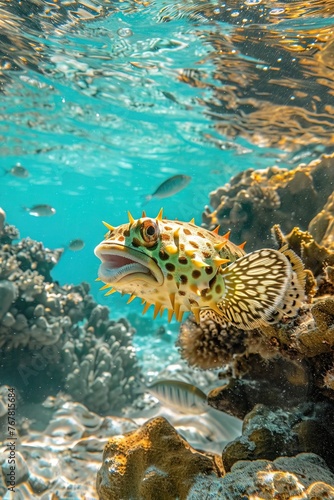 A pufferfish with neon yellow explosion patterns  inflating in a tropical lagoon