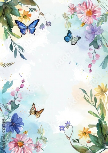 Watercolor invitation card with colorful frame or border wildflowers and greenery. a washed watercolor background Include butterflies fluttering around the flowers. into the frame copy space for text.