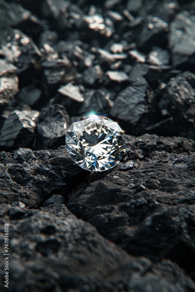 Close-up of a sparkling diamond against a coal-black backdrop, symbolizing the stark contrast of beauty and the mundane Close-up of a sparkling diamond against a coal-black backdrop, symbolizing the stark contrast of beauty and the mundane