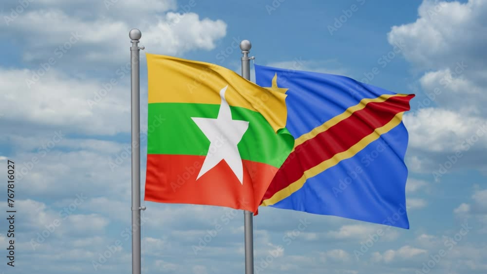 Democratic Republic of the Congo and Myanmar two flags waving together, looped video, two country relations concept Democratic Republic of the Congo and Myanmar two flags waving together, looped video, two country relations concept