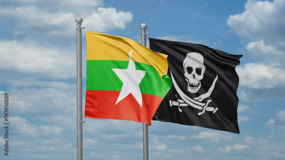 Myanmar and Corsair two flags waving together, looped video Myanmar and Corsair two flags waving together, looped video
