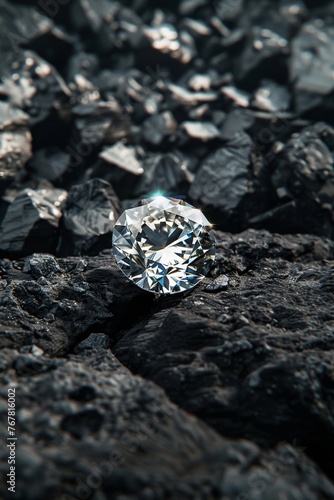 Close-up of a sparkling diamond against a coal-black backdrop, symbolizing the stark contrast of beauty and the mundane