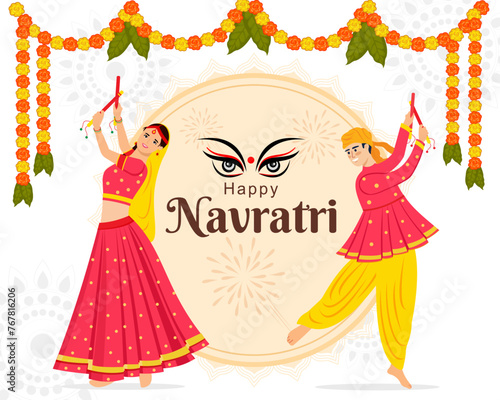 Happy Navratri couple playing Dandiya in garba night poster for Navratri Dussehra festival of India