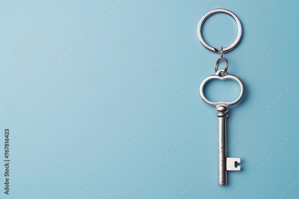 Silver key with space for message on keychain, against a soft blue background, representing the start of a new home era Silver key with space for message on keychain, against a soft blue background, representing the start of a new home era