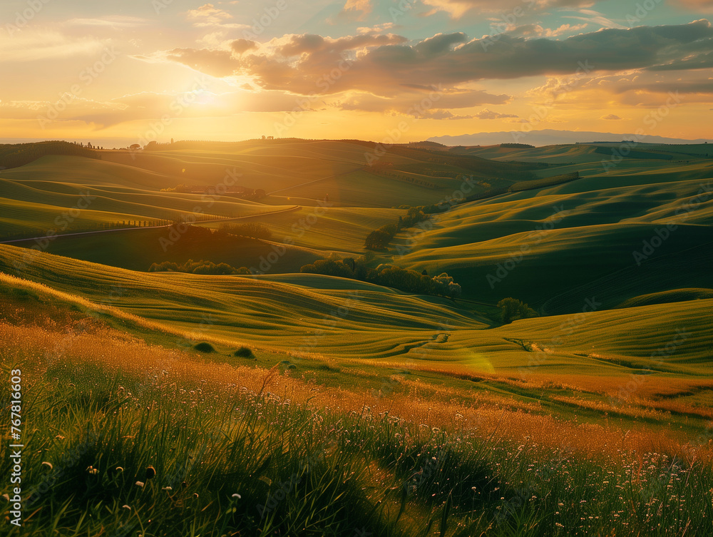Fototapeta premium Majestic Spring Sunset Over Rolling Fields