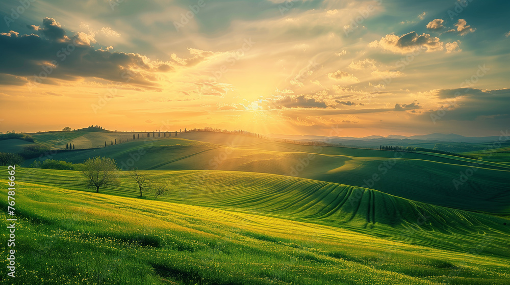 Fototapeta premium Majestic Spring Sunset Over Rolling Fields