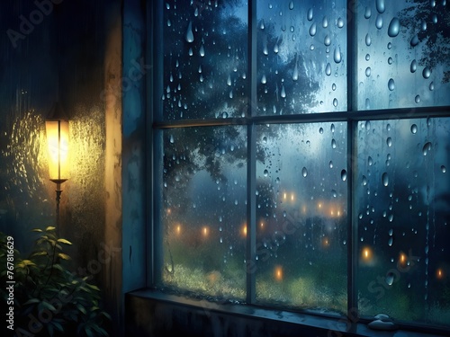 window glass with rain drops at night photo