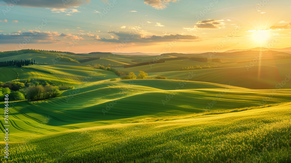 Obraz premium Majestic Spring Sunset Over Rolling Fields