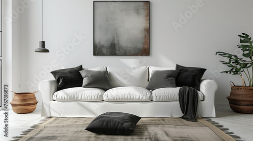Interior of living room with white sofa and black pillows 3d rendering, photo frame in wall, Ai, modern minimalist interior design of living room with white sofa, black pillows and white wall.
