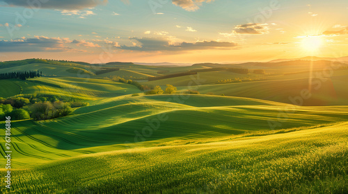 Majestic Spring Sunset Over Rolling Fields