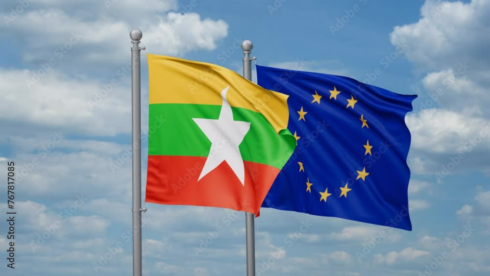 European Union and Myanmar two flags waving together, looped video European Union and Myanmar two flags waving together, looped video