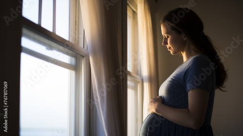 A pensive pregnant woman in a blue dress looks out a window towards the sea, a poignant mix of hope and introspection