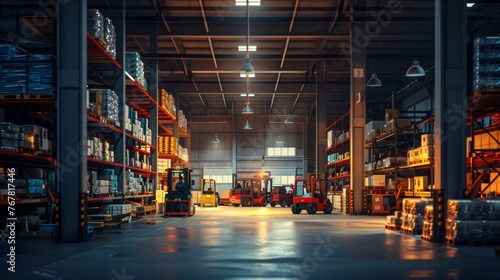 Bustling warehouse interior with forklifts in operation and organized shelves of goods