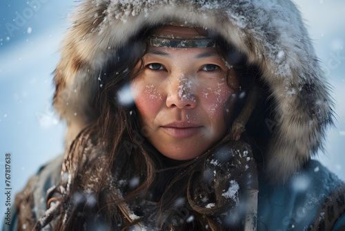 Portrait of an Inuit woman snowing photo