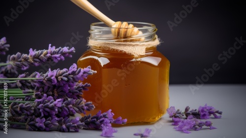 Close-up of a honey jar with lavender, highlighting the rich texture and the blend of culinary and botanical elements.