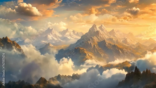 Mountain landscape with lake and forest at sunset. Digital painting, panorama of the mountains, AI Generated