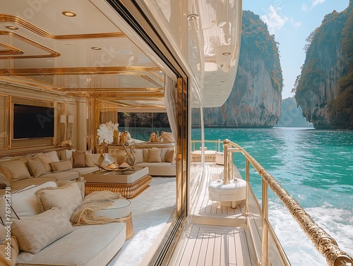 interior of a very luxury yacht full of glass and gold with a beautiful view © mirifadapt