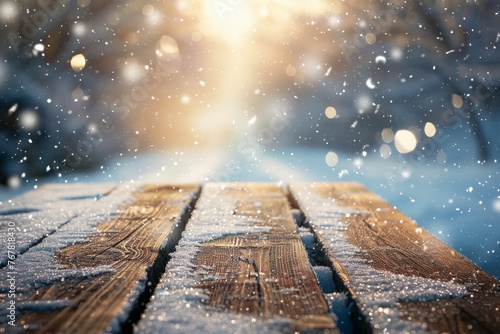 Christmas wooden planks with snow cap on light blurred background, a snow falling light flakes greeting card illustration December xmas celebrate