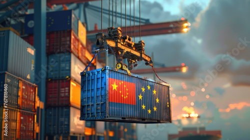 port crane holds a container with the flag of the European Union, photo