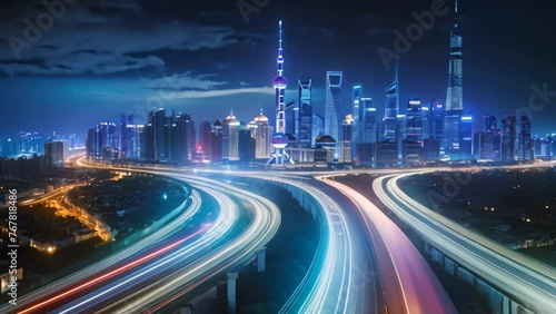 Shanghai Lujiazui Finance and Trade Zone of the modern city night background, Shanghai city skyline and expressway at night,China, AI Generated photo