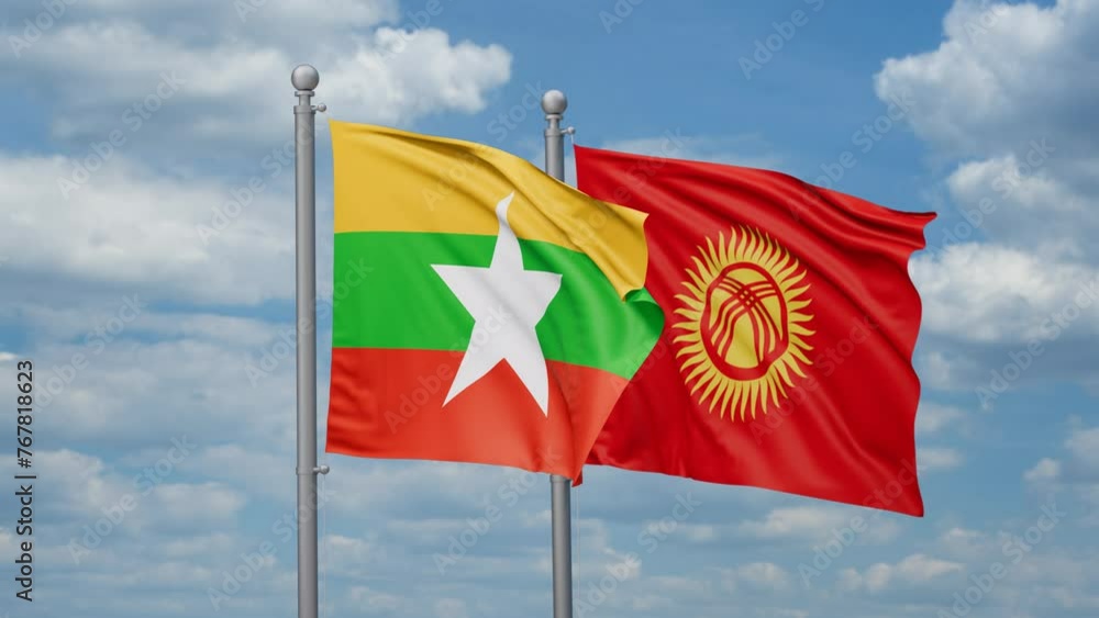 Kyrgyzstan and Myanmar two flags waving together, looped video, two country relations concept Kyrgyzstan and Myanmar two flags waving together, looped video, two country relations concept