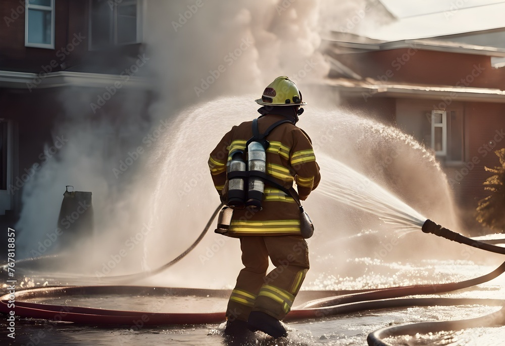 Fototapeta premium Firefighter extinguishes fire with water, courage and bravery