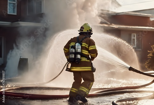 Firefighter extinguishes fire with water, courage and bravery