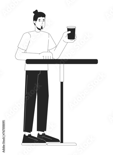 Guest male drinking coffee at table black and white 2D line cartoon character. Caucasian man in cafe isolated vector outline person. Ordering beverage in cafeteria monochromatic flat spot illustration