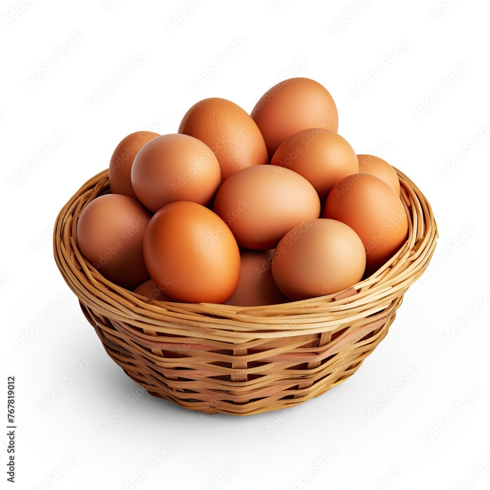 Photo of eggs in a wooden basket isolated on white background Photo of eggs in a wooden basket isolated on white background