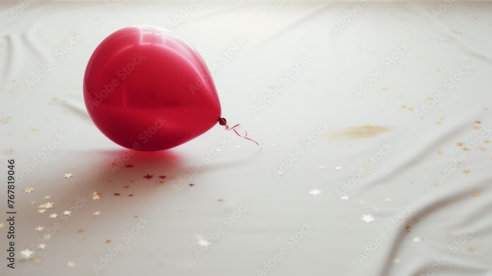 A shiny red balloon lies on a white surface, surrounded by golden confetti, suggesting a festive or celebratory moment just passed A shiny red balloon lies on a white surface, surrounded by golden confetti, suggesting a festive or celebratory moment just passed