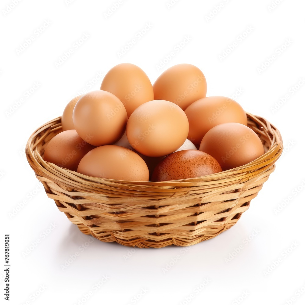 Photo of eggs in a wooden basket isolated on white background Photo of eggs in a wooden basket isolated on white background