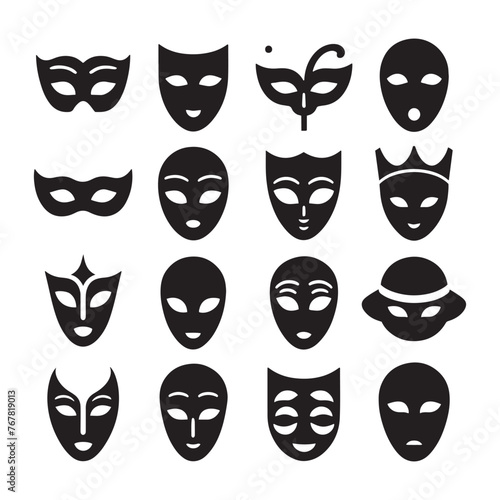 Theatrical Masks Icon Sheet Silhouette Vector: Dramatic and Expressive Theater Symbol Collection vector stock.