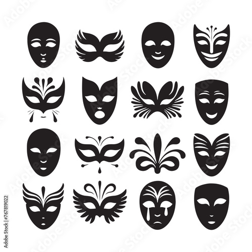 Theatrical Masks Icon Sheet Silhouette Vector: Dramatic and Expressive Theater Symbol Collection vector stock.