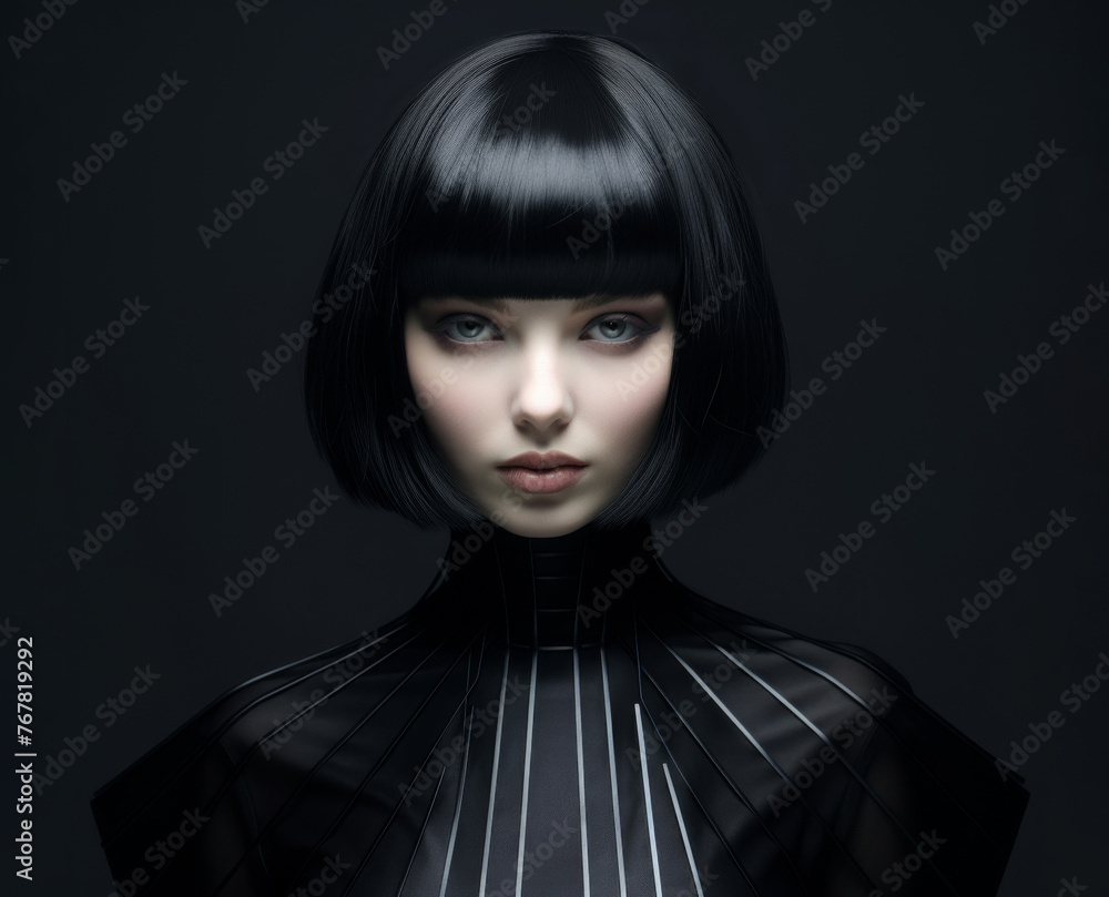 woman gracefully blows her short, sleek black bobtail hair against a soft grey background, embodying the essence of hair care and keratin treatment. woman gracefully blows her short, sleek black bobtail hair against a soft grey background, embodying the essence of hair care and keratin treatment.