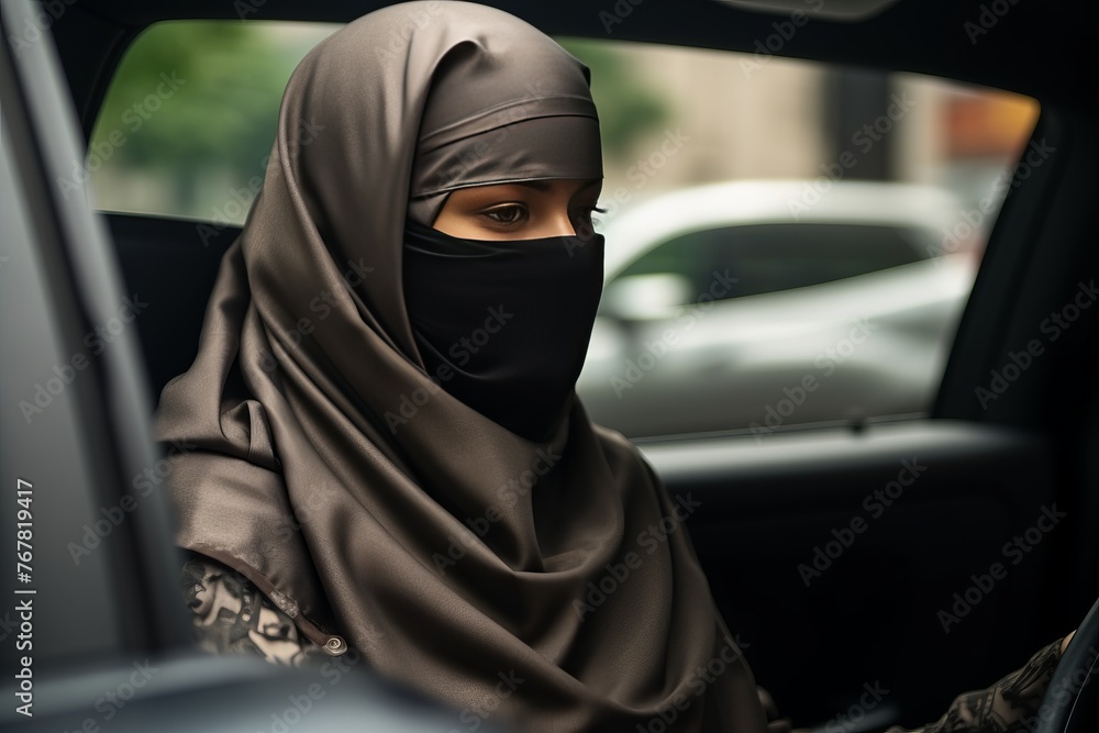 Thoughtful muslim woman with burqa traveling by car in the city. Concept of muslim women lifestyle, copy space right. Thoughtful muslim woman with burqa traveling by car in the city. Concept of muslim women lifestyle, copy space right.