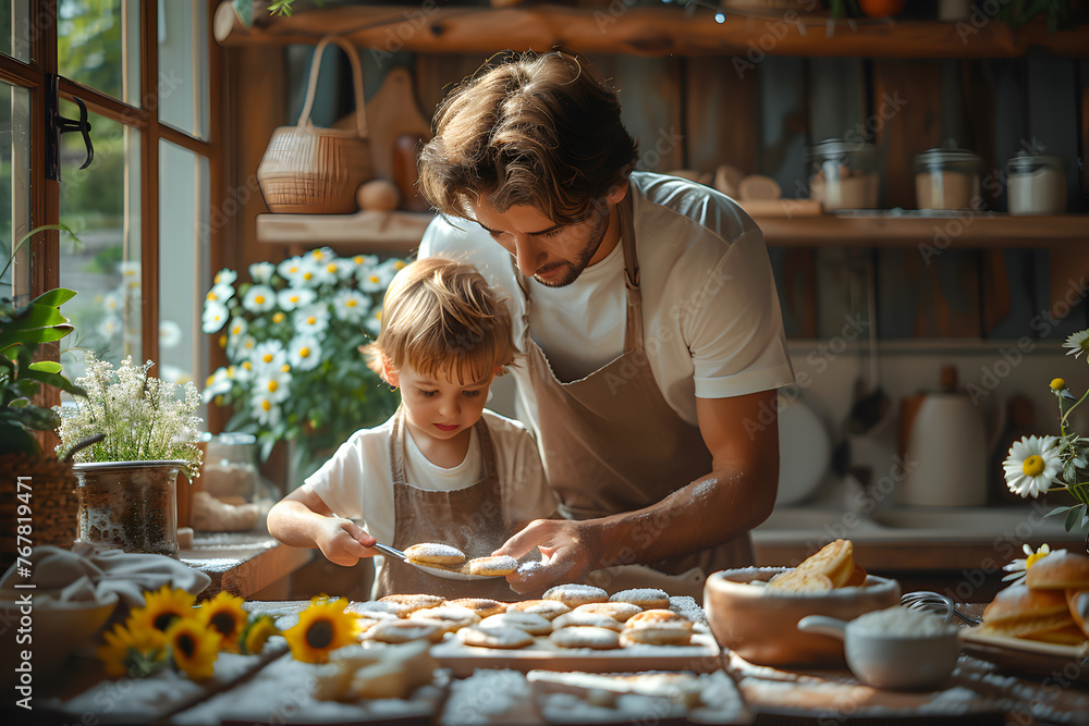 Dad and son prepare breakfast for mom on Mother's Day