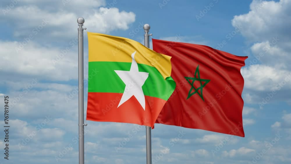 Morocco and Myanmar two flags waving together, looped video, two country relations concept Morocco and Myanmar two flags waving together, looped video, two country relations concept
