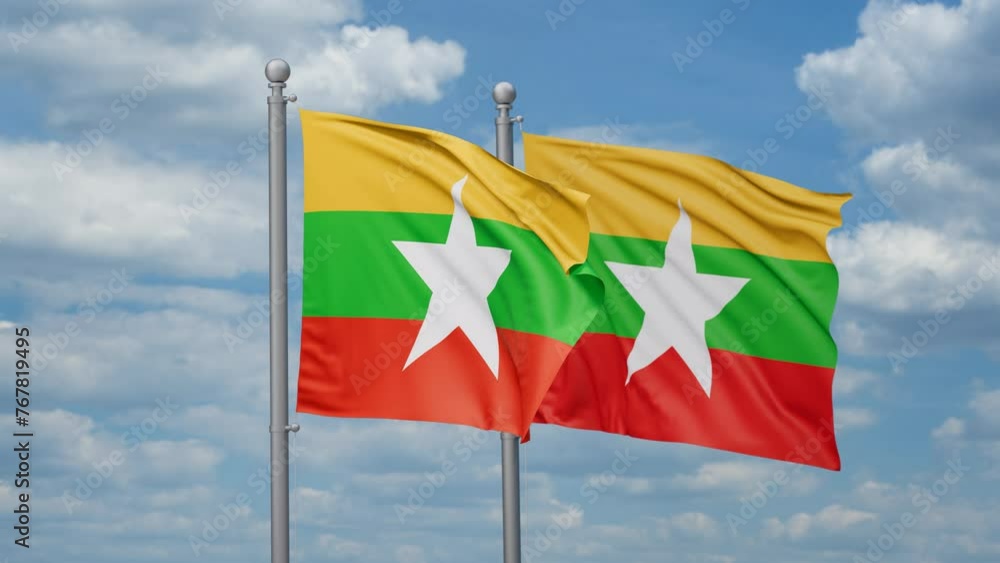 Myanmar aka Burma two flags waving together, looped video, two country relations concept