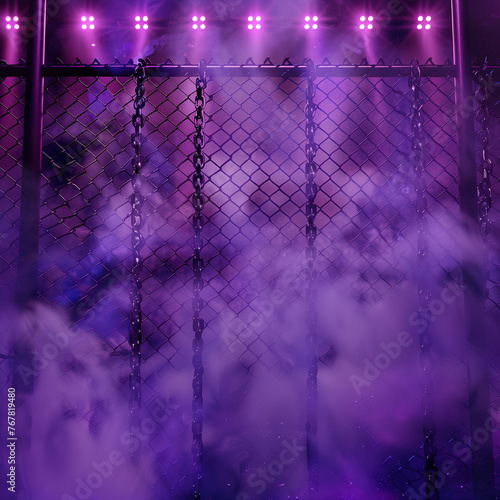 Chain Link Fence with White Lights and Purple Smoke Background