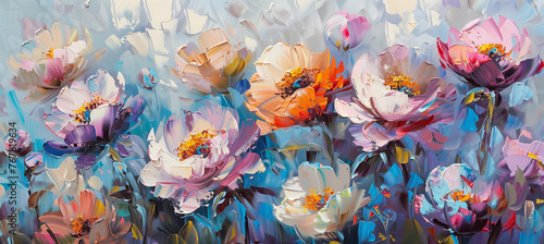 Abstract oil painting of peonies flowers, in the style of impressionism