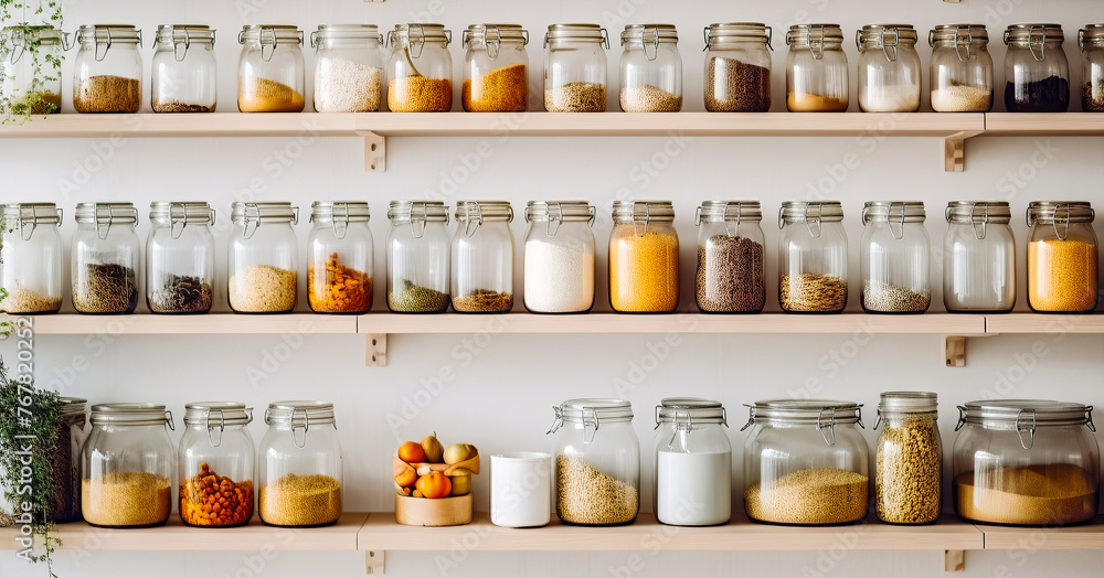 Home interior design, shelves and food storage space in the house, pantry organization Home interior design, shelves and food storage space in the house, pantry organization